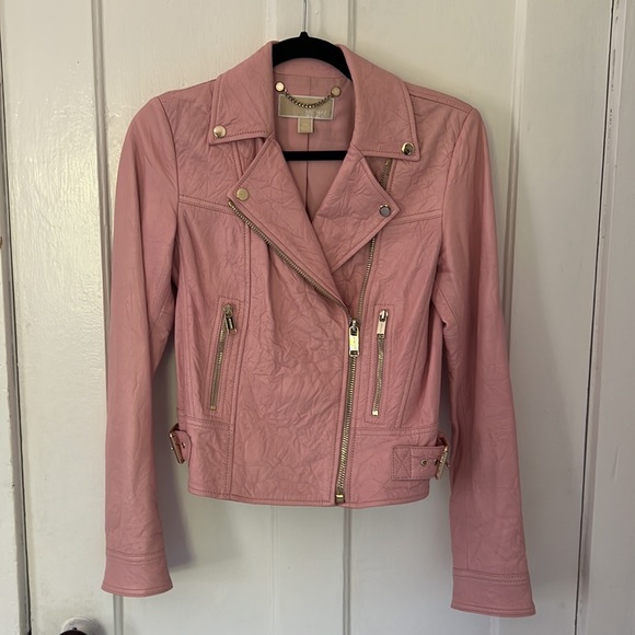 Michael Kors Crinkled Leather Moto Jacket Pink - Picture 2 of 4
